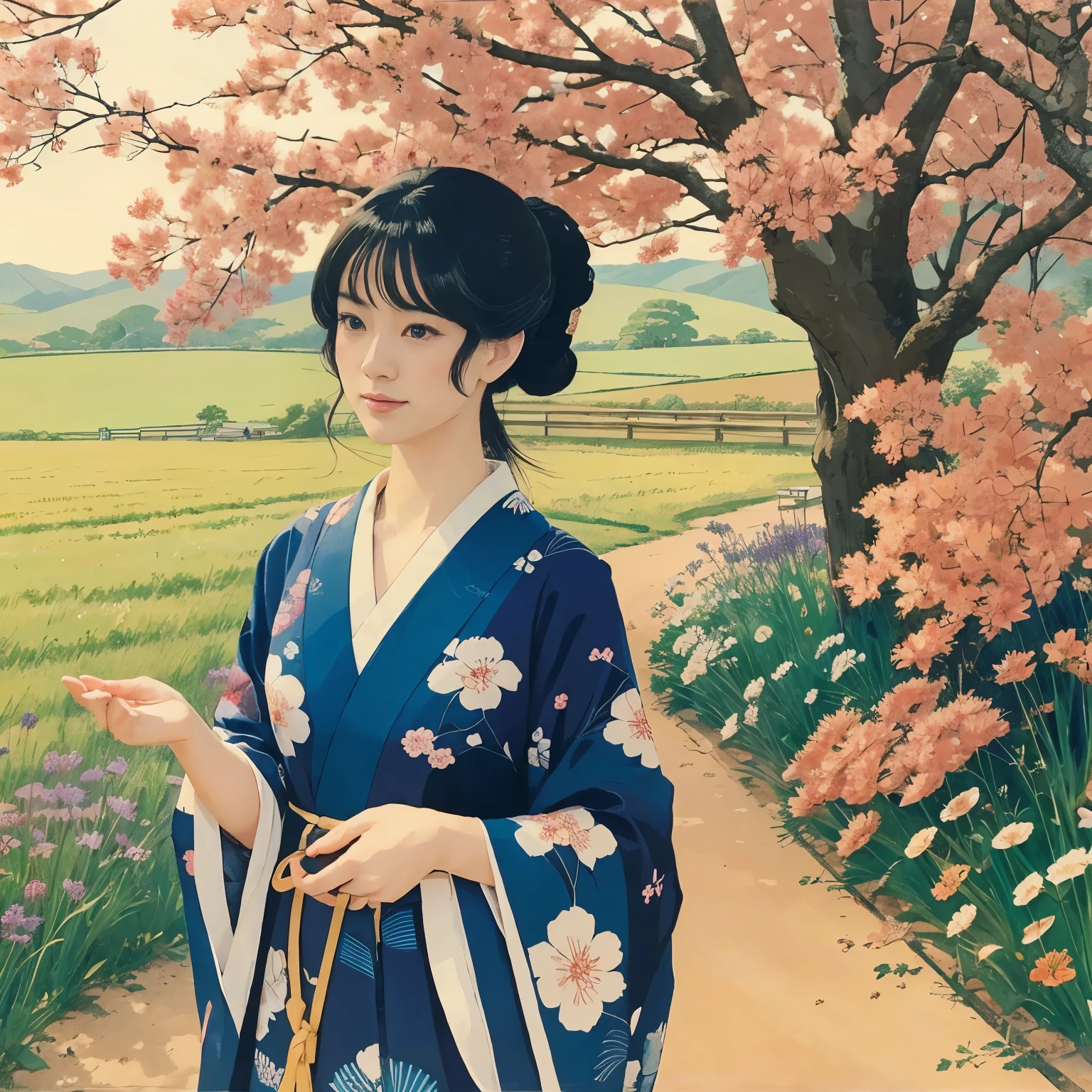 Illustration style、Showa Anime、woman、ukiyoe painting 、country scenery、Woman at the center、Delicate touch、finely、The wind is blowing、kimono、Japanese、Shinkai Makoto style