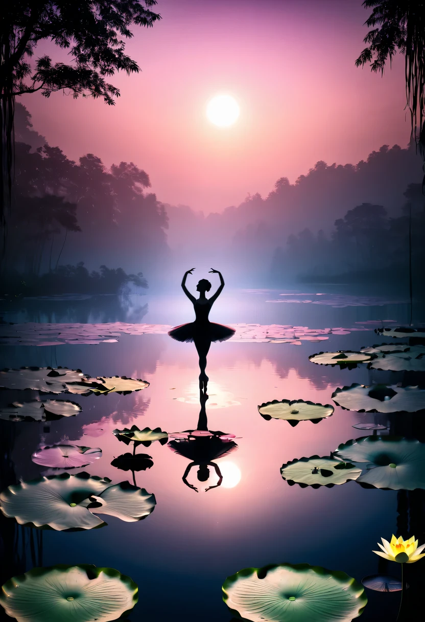 (high contrast,Silhouette ballerina on lake with movie lights in mysterious atmosphere,lotus flower, lily pad