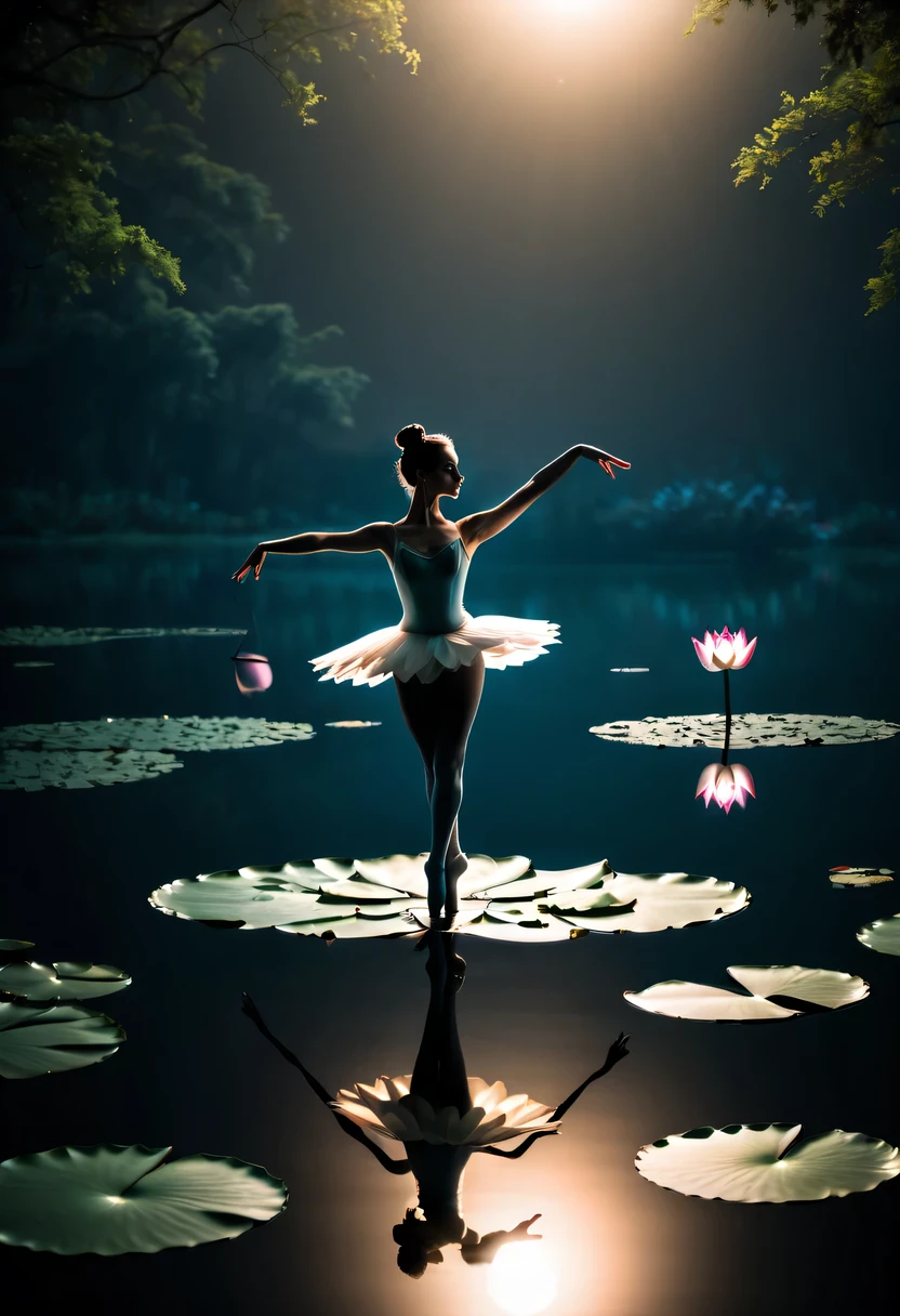 (high contrast,Silhouette ballerina on lake with movie lights in mysterious atmosphere,lotus flower, lily pad