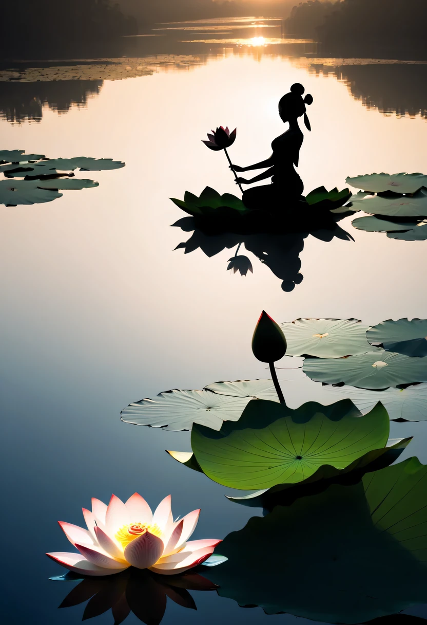 ballet silhouette,on the lake,high contrast, movie lighting, Enigmatic Atmosphere,,lotus flower,Lotus leaf