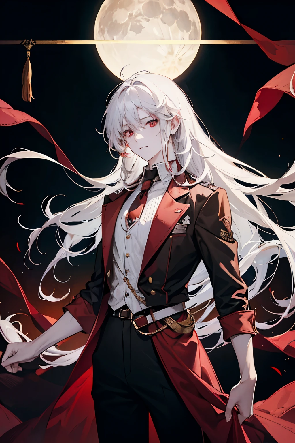 A young guy, long white hair, red eyes, black clothes, a brown belt bag, against the backdrop of a circus tent and the full moon
