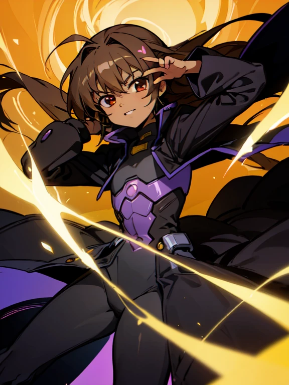 Masterpiece, Top quality, high resolution, highres, 8k, best quality, , 1 male, shotate, innocent, ((dark skin)), otokonoko, red eye's, dark brown hair long hair in a side-swept style smooth, wearing an a black bodysuit, black gaunlets, black coat, magical girl lyrical nanoha vivio, Magic gem, cute artstyle