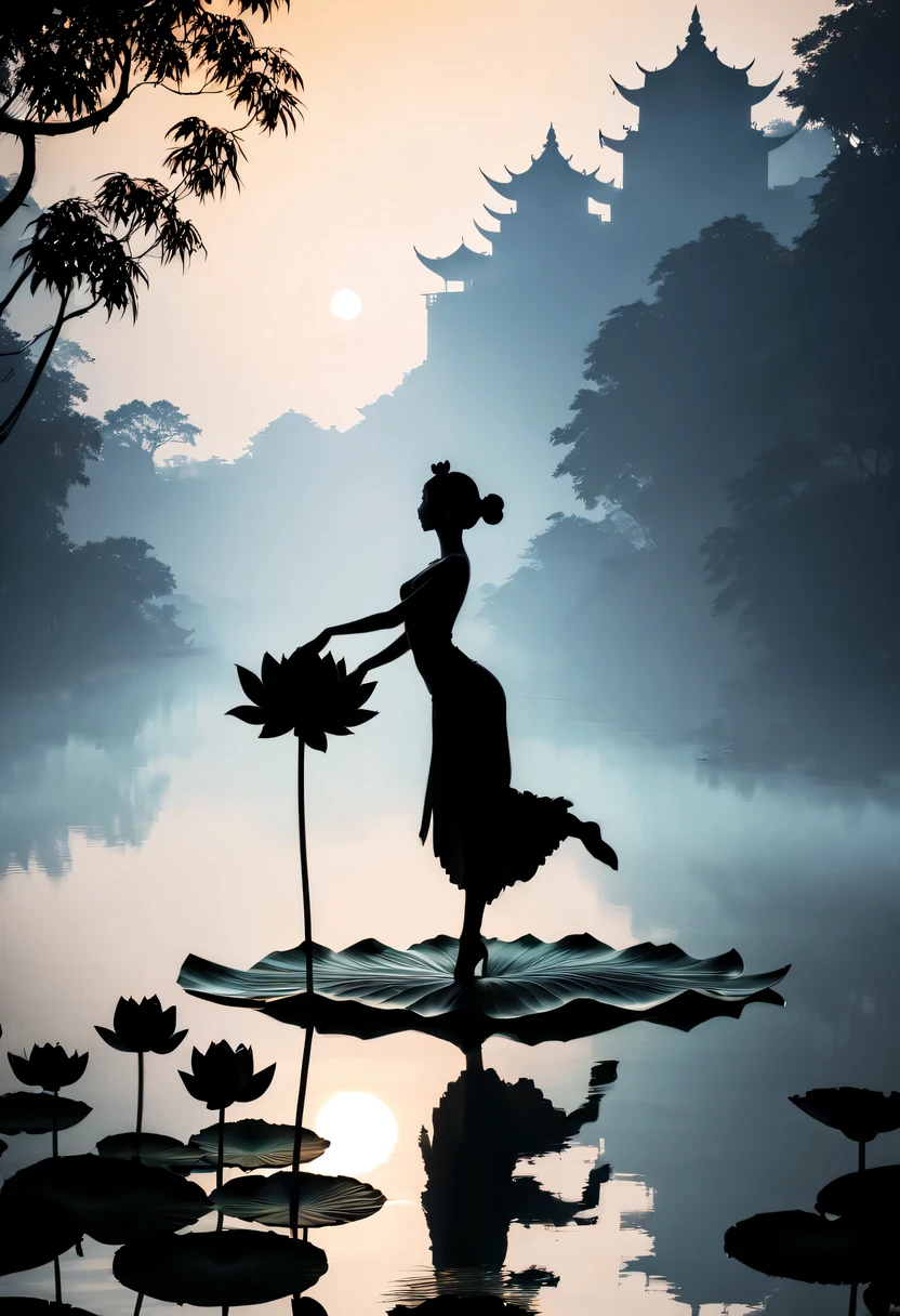 ballet silhouette,on  the lake，high contrast, movie lighting, Enigmatic Atmosphere,，lotus flower，Lotus leaf