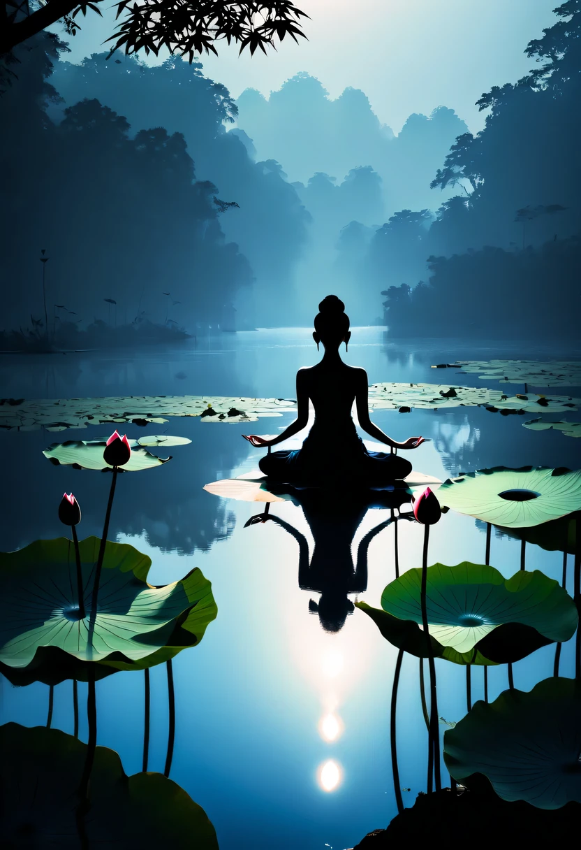 ballet silhouette,on  the lake，high contrast, movie lighting, Enigmatic Atmosphere,，lotus flower，Lotus leaf