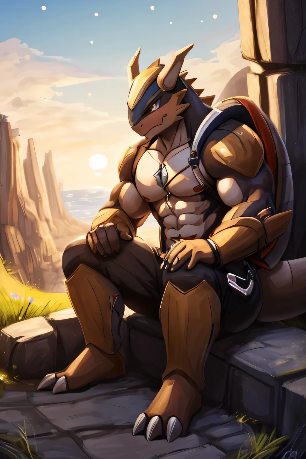 solo, kemono, (Kangaskhan), anthro, male, tail, muscles, handsome, outdoors, outside, toe claws, epic, depth of field, perfect lighting, (light particles, highest quality),(masterpiece),(ultra detailed),sharp focus,light particles, sitting