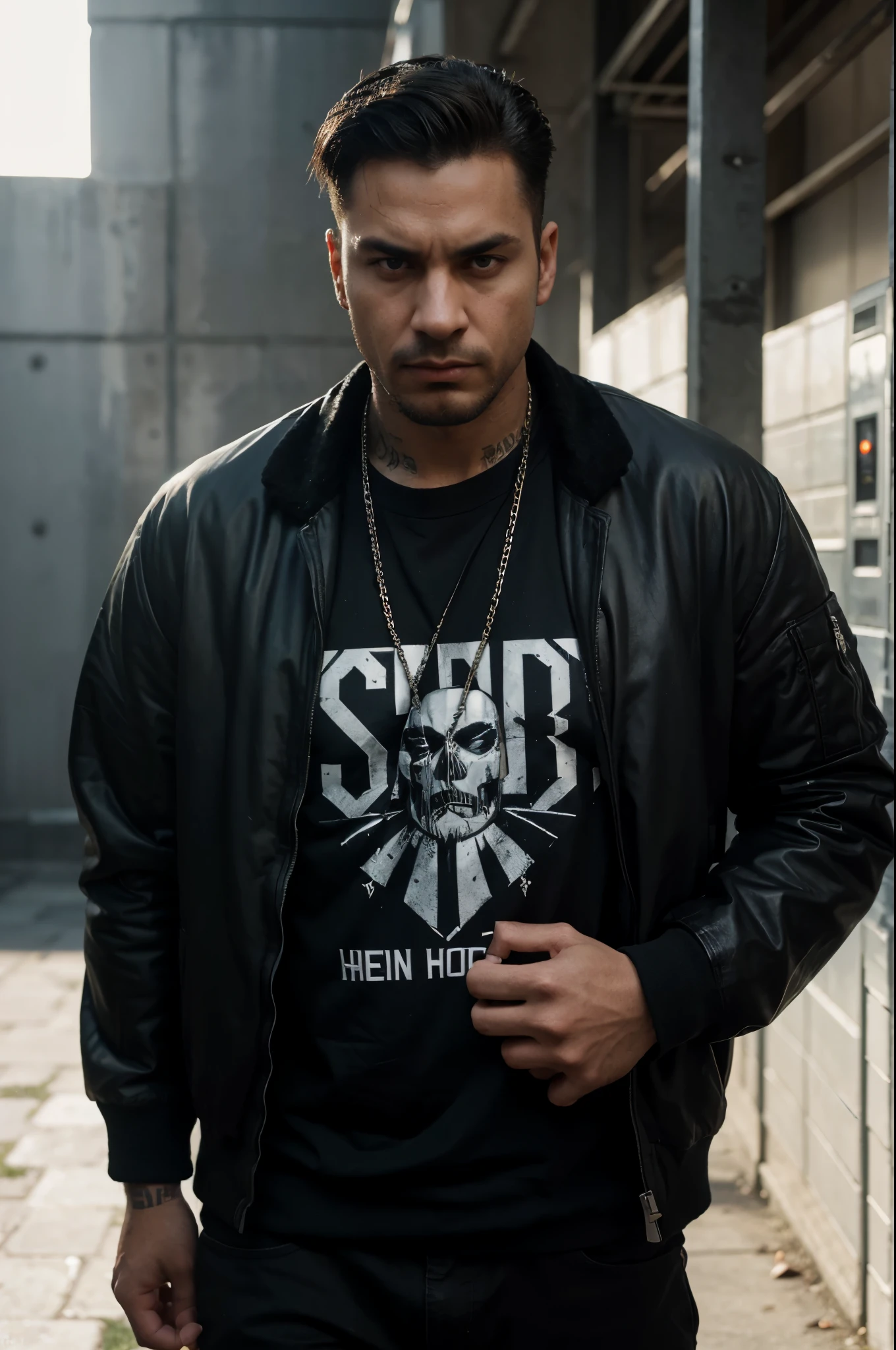 hip hop style man, vengeful, evil, cold, wicked, malicious, cold, grumpy, with his hands in his pocket, look of pride, authoritarianism, narcissism, unfaithful, false, full body, black jacket, rapper style, hip hop style man, vengeful, evil, cold, wicked, malicious, cold, grumpy, with his hands in his pocket, look of pride, authoritarianism, narcissism, unfaithful, falseTexture detail, glowing skin, sun, motion blurred background, backlight, 8k , Super detail, masterpiece, best quality, perfect facial features, perfect eyes, perfect nose, perfect mouth, best resolution, unreal engine, high sharpness, super details, super sharpness, very sharp lines