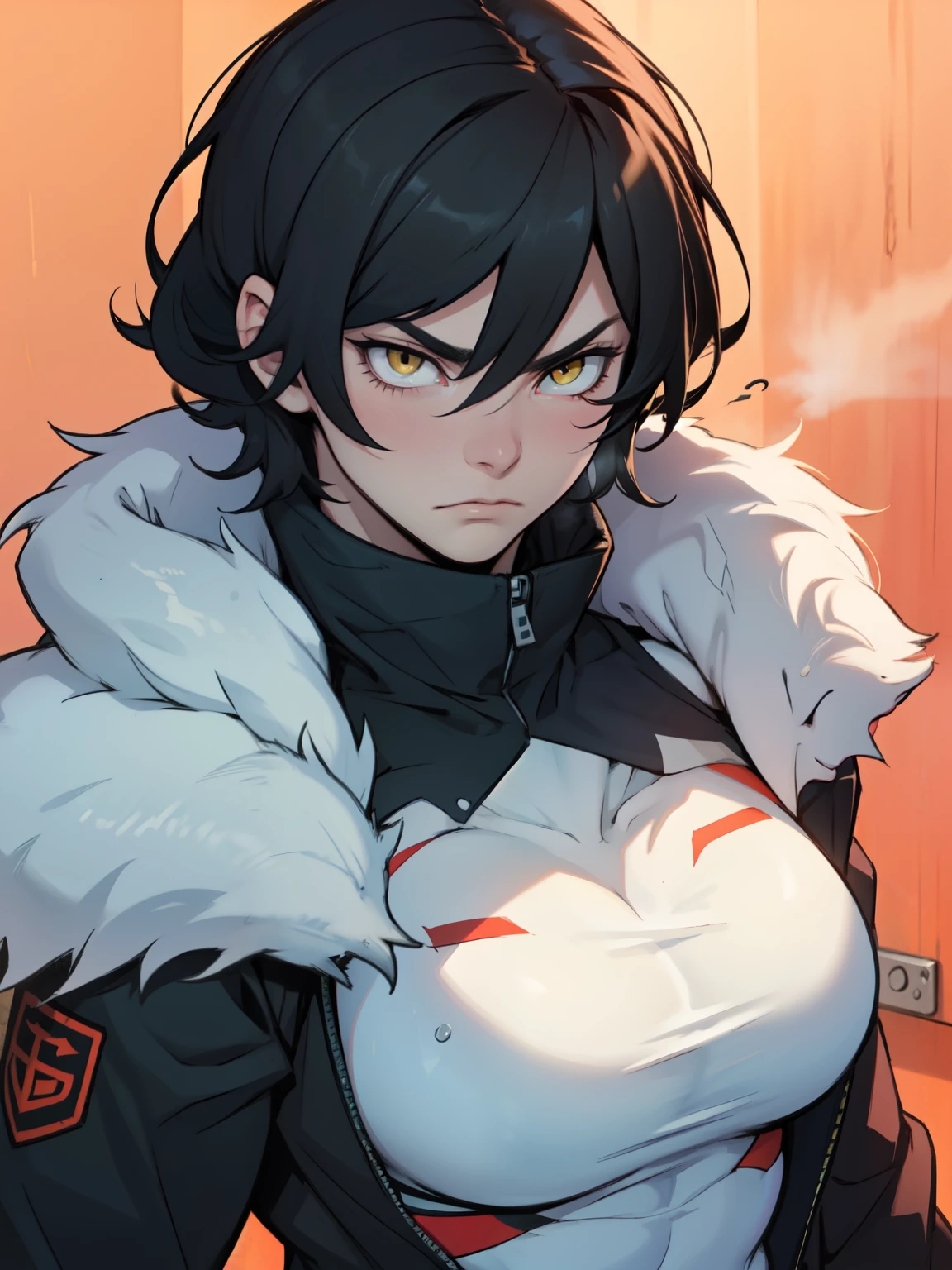 muscular girl thick breasts black hair yellow eyes pale skin best quality sad frown cold cold cold