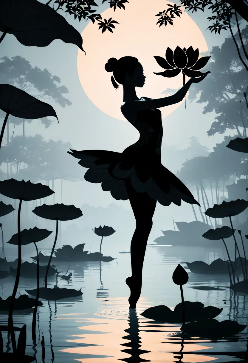 ballet silhouette,on the lake,high contrast, movie lighting, Enigmatic Atmosphere,,lotus flower,Lotus leaf