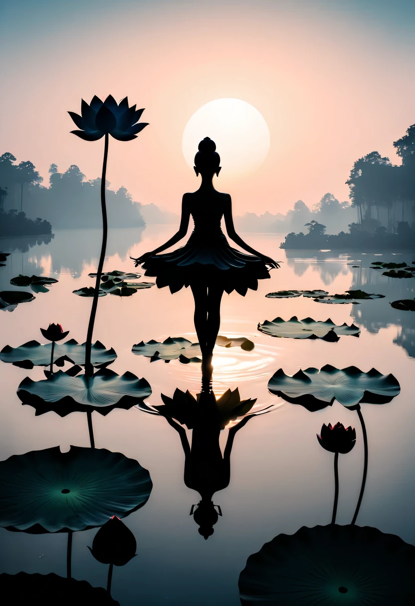 ballet silhouette,on  the lake，high contrast, movie lighting, Enigmatic Atmosphere,，lotus flower，Lotus leaf