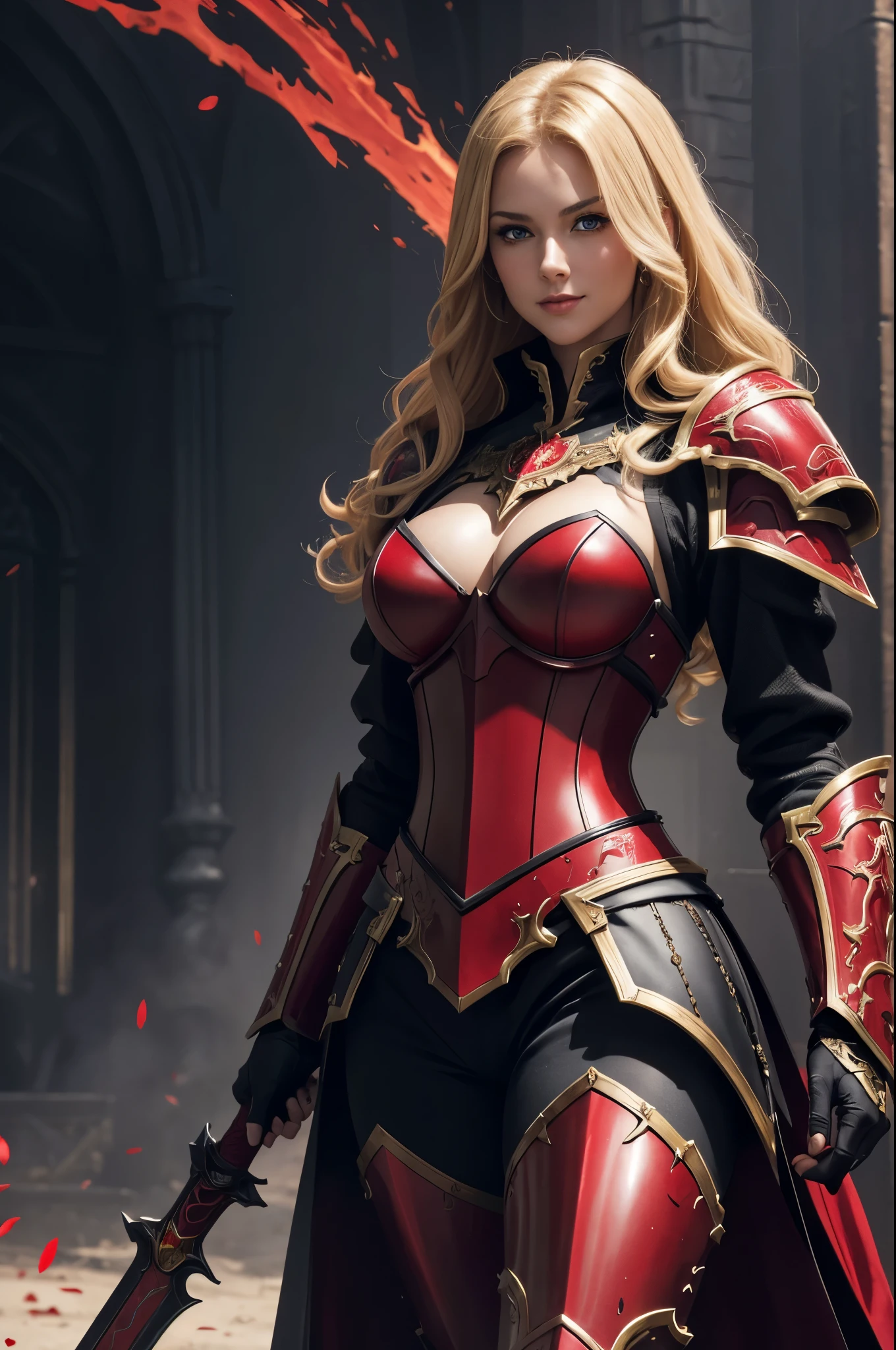 8K,holy knight with sword,Gorgeous black and red very large chest armor(Precisely crafted aristocratic coat of arms),luxury black and red pants,Super beautiful(like the real thing),ultra high resolution,Super realistic,realistic skin,blonde curl hair,big blue eyes,muscular slim body,cool smile,purple rouge,background,battlefield,gorgeous black and red shoulder armor,gorgeous black and red waist armor,Luxurious black and red foot armor,fantasy art,character art,battle scene,action scene,action pose,Sexy cleavage,Paladin,