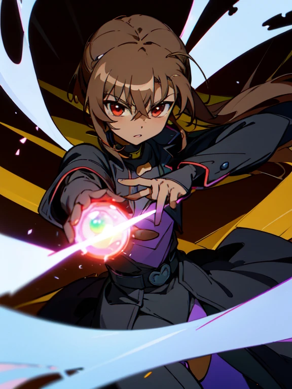 Masterpiece, Top quality, high resolution, highres, 8k, best quality, child, 1 male, shota, cute, innocent, ((dark skin)), otokonoko, red eye's, dark brown hair long hair in a side-swept style smooth, wearing an a black bodysuit, black gaunlets, black coat, magical girl lyrical nanoha vivio, Magic gem, cute artstyle