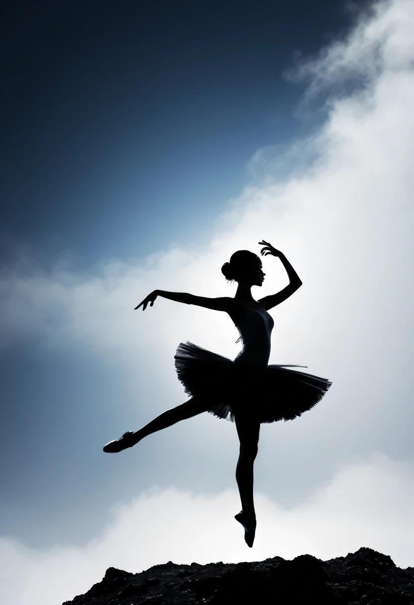 ballet silhouette，at the summit， Abstract，Lots of white space,high contrast, movie lighting, Enigmatic Atmosphere,