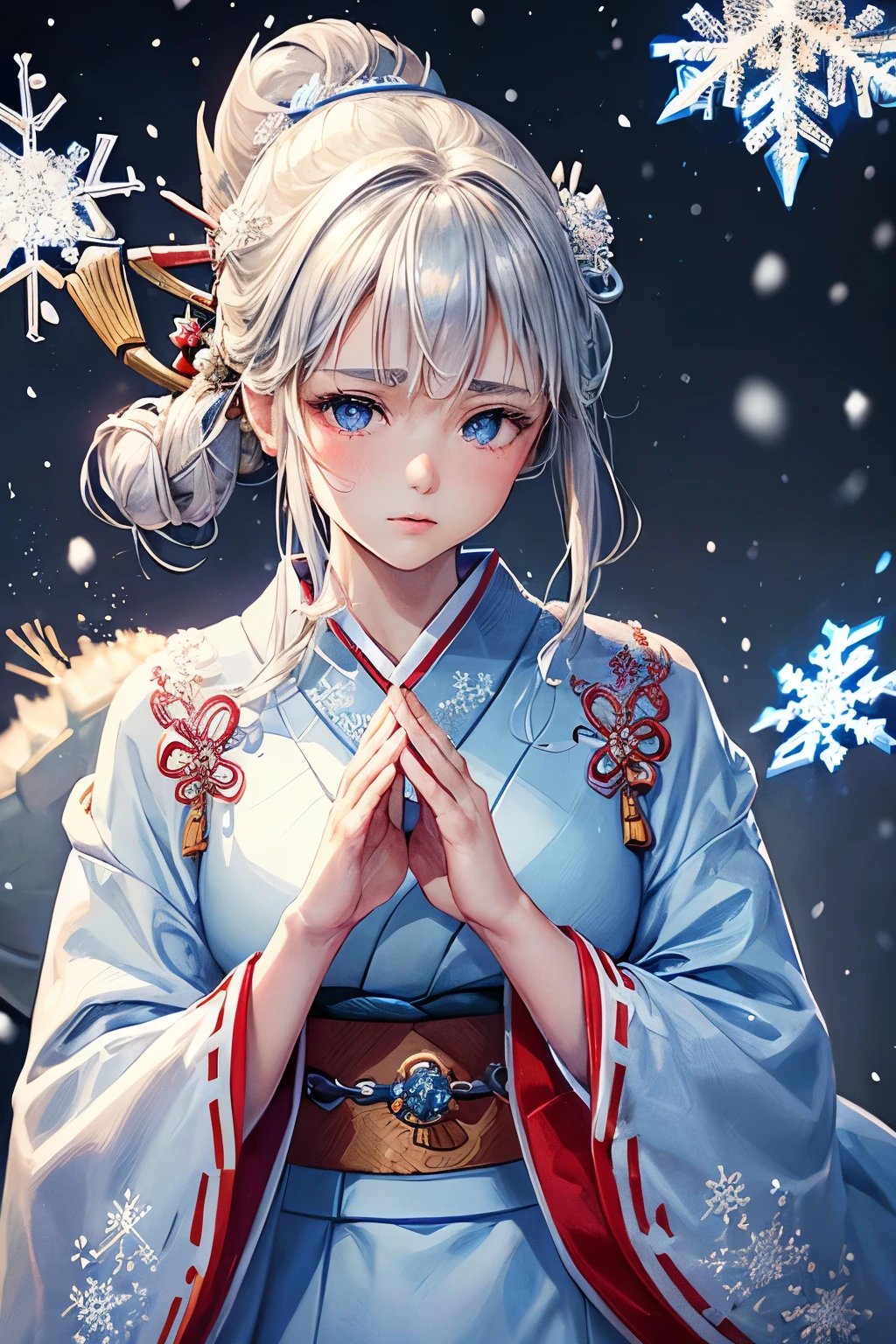 ((worst quality, low-quality)), ((girl)), solo, (Close-up:1.3), (facefocus:1.4), ((half updo, silver hair)), clear eyes and plump, plump lips, Beautiful light blue eyes):1.2), Spoken Heart, Pray with Hands Folded in Front of Your Chest, (perfect hands:1.3), (traditional Japanese clothing:1.2), (Wearing a kimono with a dragon pattern, Delicate and detailed embroidery:1.3), embarrassing, standing ceremony, Looking at viewer, head tilt, (snowflake, Falling snow:1.5), (light particles, shine of light:1.4), (( Japanese torii gate background)), high angle shot, muste piece, best quality, Super detailed,