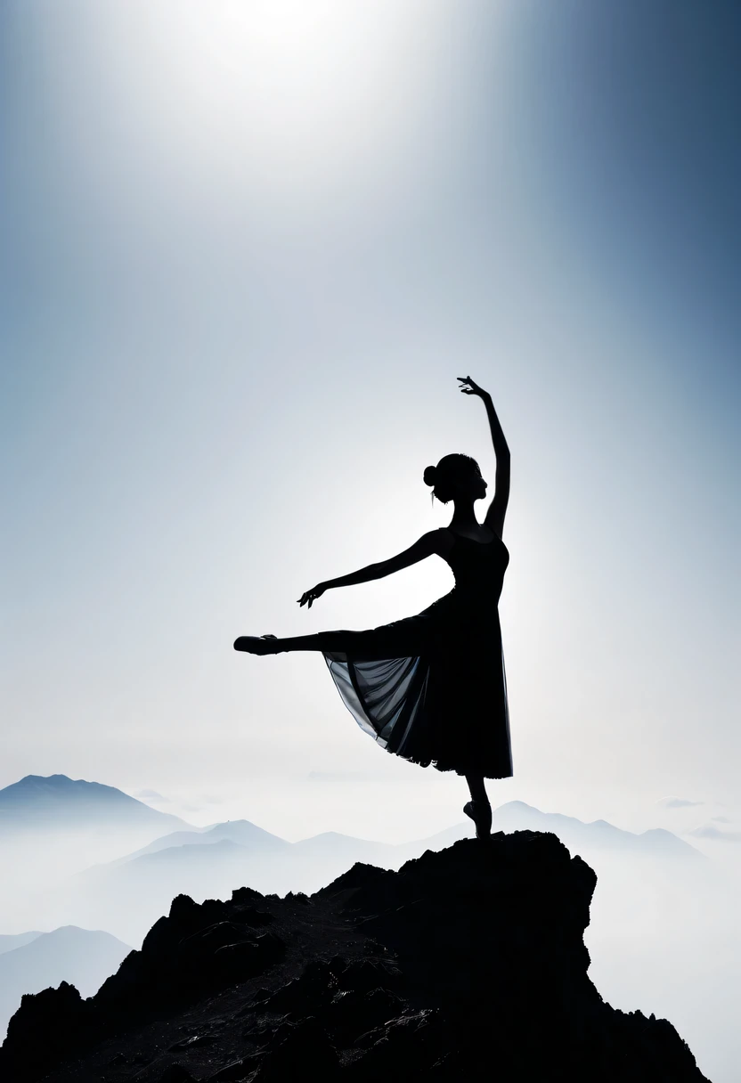 ballet silhouette，at the summit， Abstract，Lots of white space,high contrast, movie lighting, Enigmatic Atmosphere,