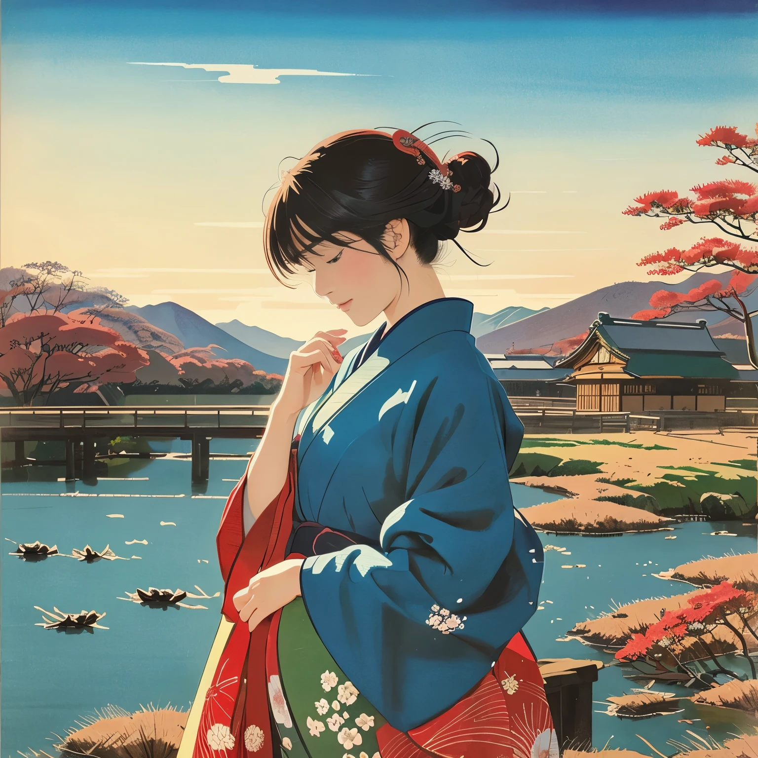 Illustration style、Showa Anime、woman、ukiyoe painting 、country scenery、Woman at the center、Delicate touch、finely、The wind is blowing、kimono、Japanese、Shinkai Makoto style、((Winters)),((yuki))