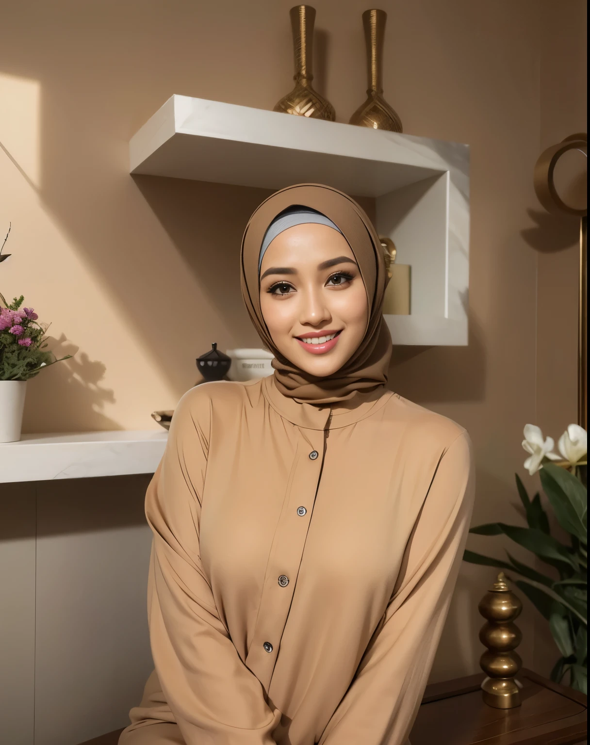 RAW, Best quality, high resolution, masterpiece: 1.3), beautiful Malay woman in hijab,Masterpiece, perfect fit body, ((Huge breast)), biggorgeous eyes, Soft smile,woman in a beige dress sitting on a bench with a black fence, hijab, dilraba dilmurat, zenra taliyah, siya oum, malaysian, leaked image, sie boob, she is smiling,Delicate turtleneck, necklace, shairband, afternoon walk, City garden, Excellent lighting, Bright colors, Clean lines