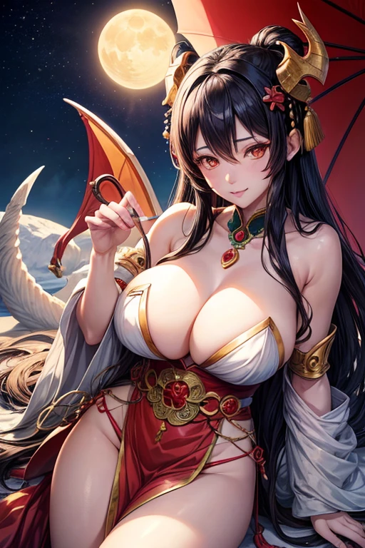 cute Tsukuyomi and Amateratsu goddess together with dragon lord , wonderfull, realistic moon and sun background, with alot of details, perfect goddess, 4k realistic, lovely, sexy