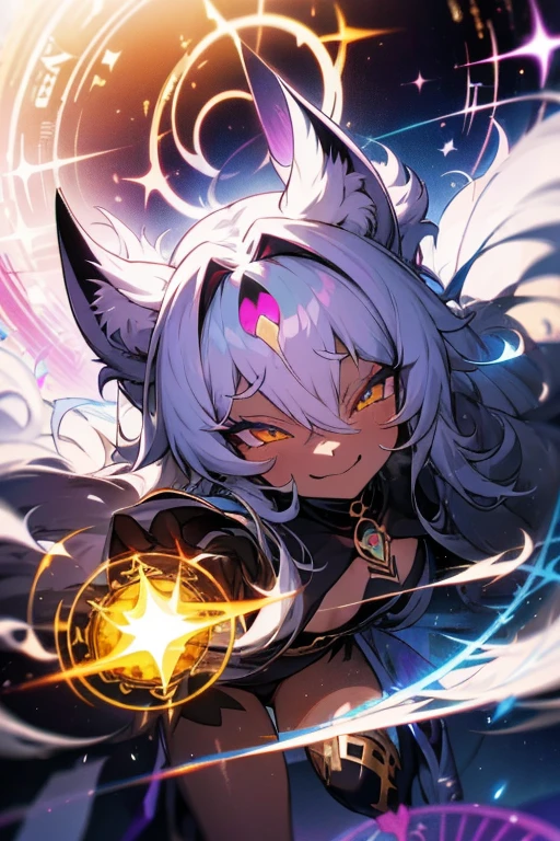 With the altar inside the pyramid in the background, a melanistic jet black skinned, fluffy, extremely long haired silver-haired magical female brat catgirl beauty wearing Bastet clothes. Doujin CD style. ((Match the color of both eyes)) ((Align the shape of both eyes)) Anime style 3D style Draw in detail