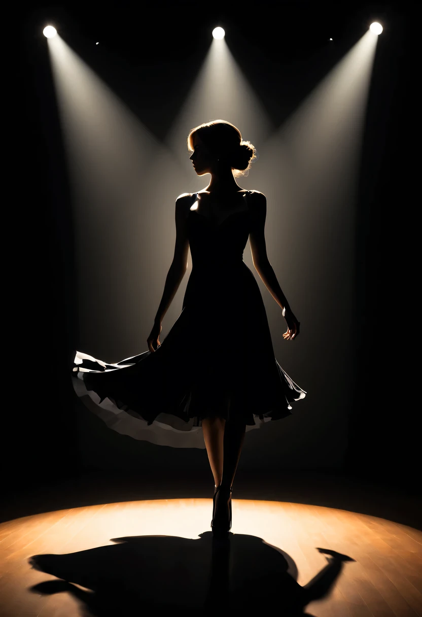 Dance silhouettes，Come on stage，Popular inspiration， Beautiful woman shadow,high contrast, movie lighting, Enigmatic Atmosphere, theatrical shadow, Artistic medium: painting [The color is black, theatrical, high contrast], best quality, Super detailed, Realistic style, Monochromatic color palette, Moody light, Chiaroscuro effect, Intricate shadows, superb brushwork