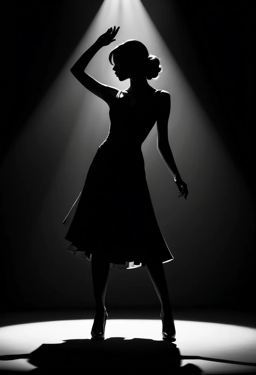 Dance silhouettes，Come on stage，Popular inspiration， Beautiful woman shadow,high contrast, movie lighting, Enigmatic Atmosphere, theatrical shadow, Artistic medium: painting [The color is black, theatrical, high contrast], best quality, Super detailed, Realistic style, Monochromatic color palette, Moody light, Chiaroscuro effect, Intricate shadows, superb brushwork