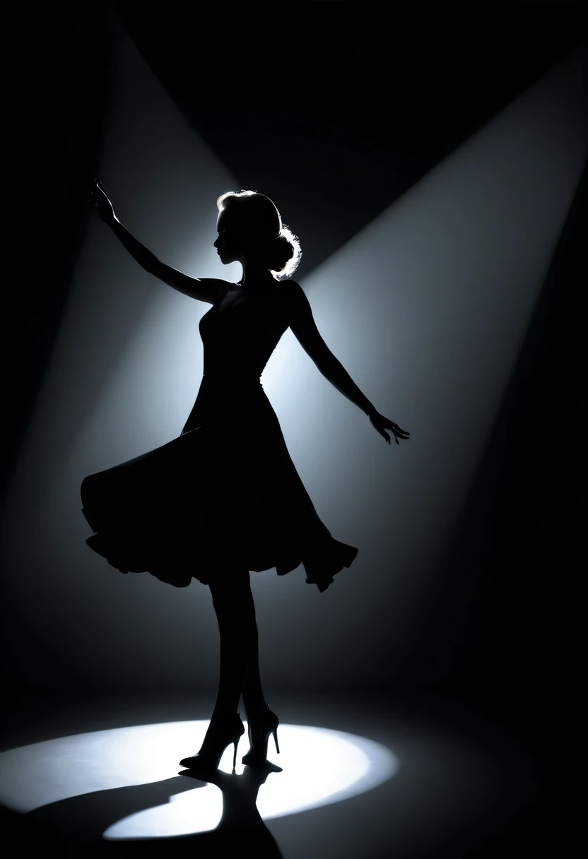 Dance silhouettes，Come on stage，Popular inspiration， Beautiful woman shadow,high contrast, movie lighting, Enigmatic Atmosphere, theatrical shadow, Artistic medium: painting [The color is black, theatrical, high contrast], best quality, Super detailed, Realistic style, Monochromatic color palette, Moody light, Chiaroscuro effect, Intricate shadows, superb brushwork