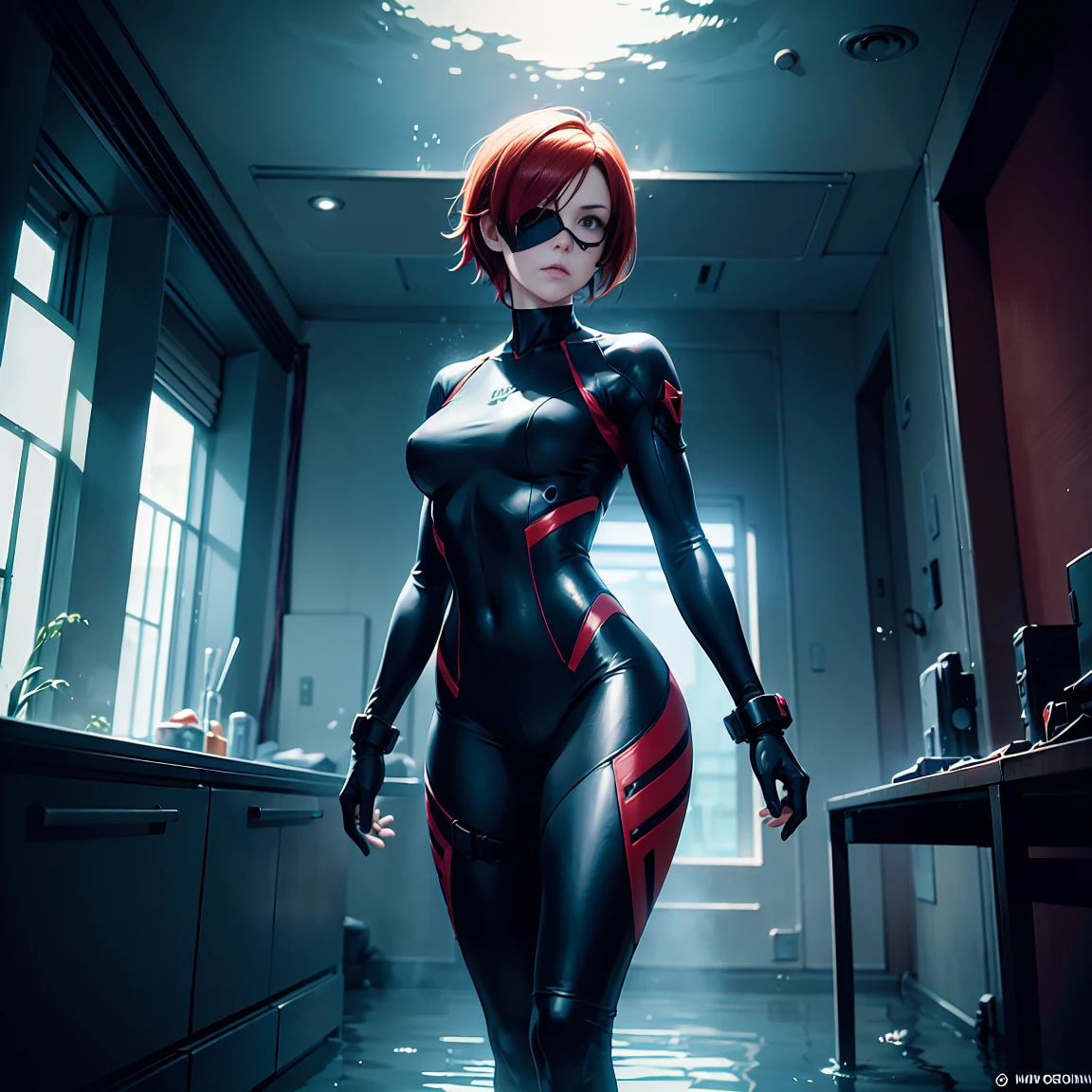 masterpiece, best quality, masterpiece, best quality, finely detail, beautiful detailed eyes, ultra detailed, extremely beautiful CG, super detailed skin, best quality, intricate, {{high quality}}, extra colors, 2D, megapixel, perfectionism, accent lighting, full HD, 4K, villain, dark heroine, 1girl, full body, 1girl, solo female, mature female, full body, contrapposto, resident evil laboratory, metal gear solid v, metroid underwater level, collarbone, red hair, red eyes, short hair, beautiful detailed eyes, weird red hair, short red hair, evil, medium_breasts, best quality, beautifully detailed face, ray tracing, DOF,HDR, thighhighs, fingerless_gloves, skintight clothe, fully clothed, gloves, (eye patch on left eyes:1,2 ), sneaking_suit, tactical gear, tactical uniform, camouflage bodysuit, skintight bodysuit, sneaking_suit, tactical gear, full clothed, indoors, horror movie ambience, character scale for the background, underwater ambience background, science fiction background, indoor, underwater base background, glowing, underwater base, deep water, official art, water infiltration, deep water through window, Pipeline under water, science fiction laboratory, underwater science fiction laboratory background, low water level on ground, corridor, submarine interior,