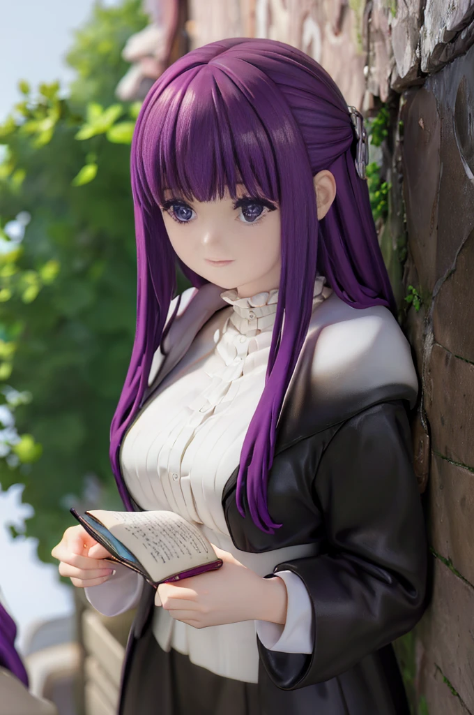 1 girl、(body floating)、full body description、slim、accurate line of sight、blue eyes、cute smile、Smile、purple hair、long hair、white dress、tree cane、bridge、forest park、Brigade Road、travel tour、Roman Temple、guidebook、Magic Book、old book、Espionage、