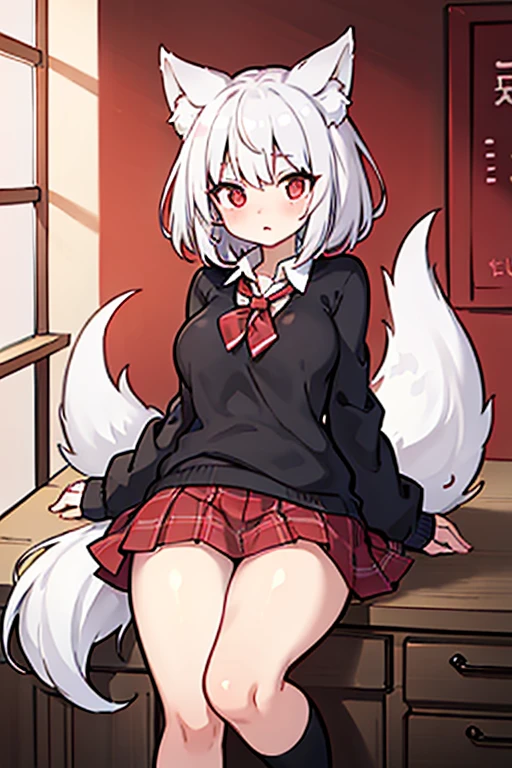 (masterpiece), best quality, my foxy girlfriend - fuku, medium breasts, white fox ears, one white fox tail, round face, white hair, white skin, cute girl, innocent , medium size, teenager, light pink sweater, white thighs high,red tie hidden by sweater, red pink eyes, short back hair, 2 long strands falling on breasts, very short red plaid skirt under the sweater, thick thigh, black japanese school shoes