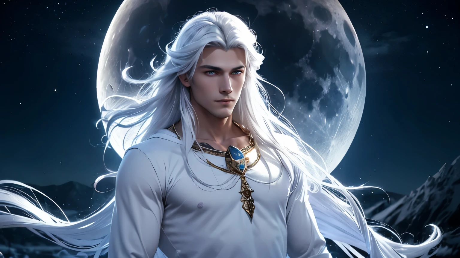 A mystic god of the moon. Extremly beutiful young man. Handsome young man. Wonderful. Magic. Mysterious. Full moon. Moonlight. Skin like moonlight. White long hair. Cold blue eyes. Cold smile. Arrogant. Godlike. Wearing a white tunic. Nighttime.