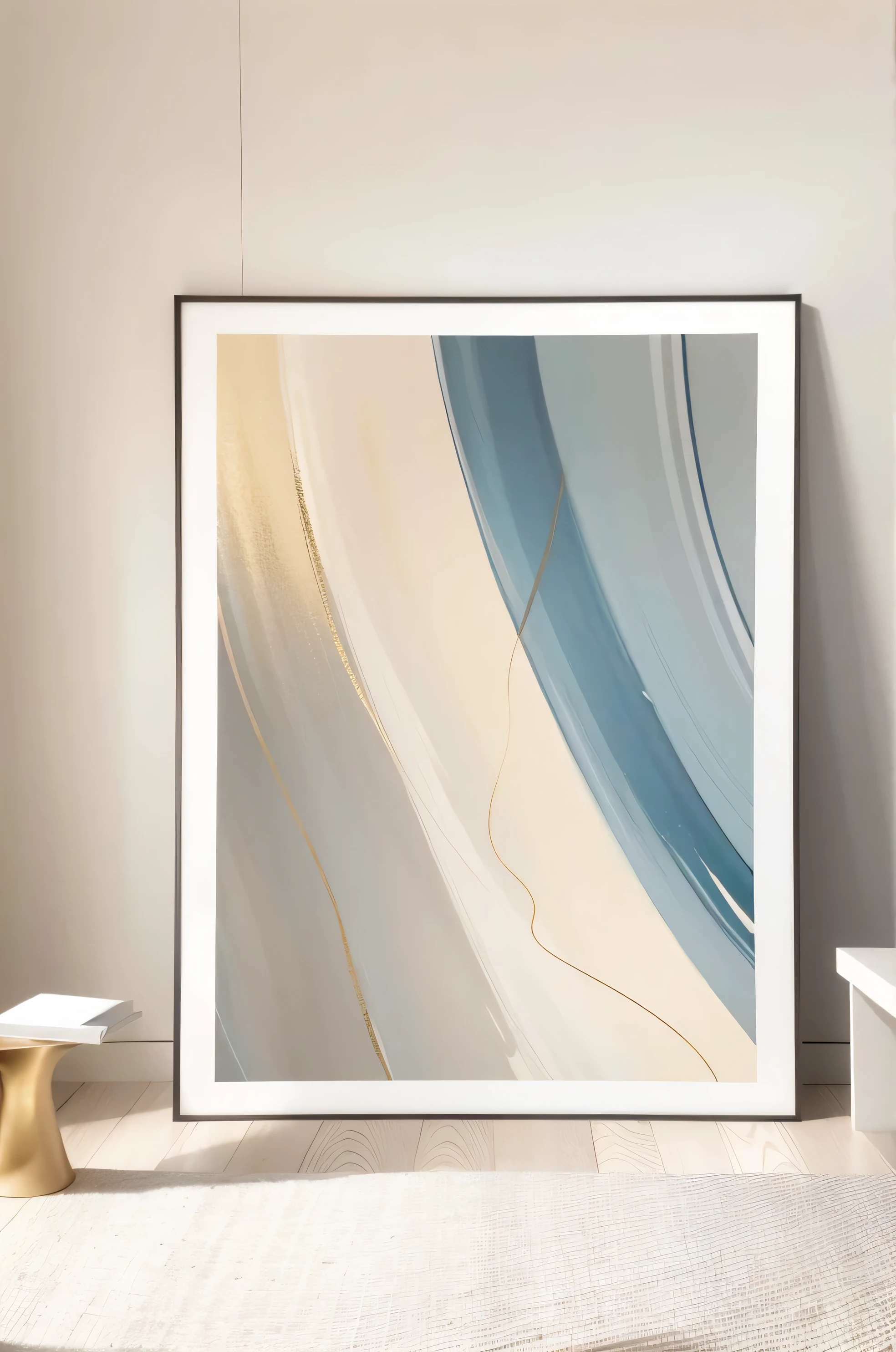 Close-up of a painting on the wall,  curve watercolor, Engraved Marble Textured Silk Cloth, abstract minimalist painting, modern art style, Light gray blue and gold, abstract minimalist line art, Abstract minimalist art painting, canvas art print, Soft watercolor painting. minimalist, The paintings are elegant and delicate, Marble and light gold, Super fine detail painting