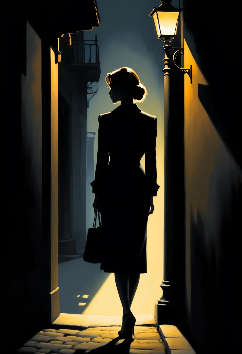 Side silhouette under streetlight, Beautiful woman shadow,high contrast,  movie lighting, Enigmatic Atmosphere, theatrical shadow,  Artistic medium: painting [The color is black, theatrical, high contrast], best quality, Super detailed, Realistic style, Monochromatic color palette, Moody light, Chiaroscuro effect, Intricate shadows, superb brushwork