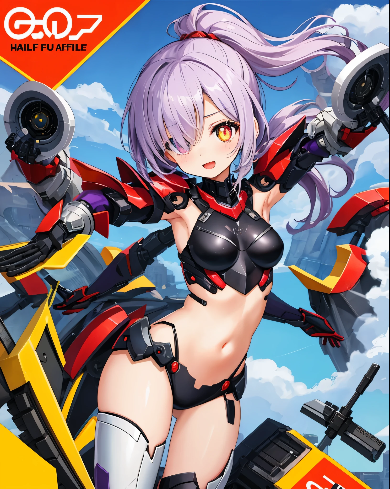 Japanese_anime_style,1figure_girl,(loli:1.5), (short_ponytail:1.3), (light_whitish_purple_hair:1.3),black_mechanical_armor_parts,white_breasts_parts_red_black_body_suit,bare_shoulder,bare_slender_thighs,medium_breasts,on_the_desk, desk_background,Stinging_eyes,(half_pupil:1.5),sleepy,thighhigh_greaves,gauntlets,dynamic_posing,bare_frank,metal_red_parts_armor,red_eye,
fists,hold_weapon,glare,navel,large_mechanical_parts,happy,waist_armor,open_mouth,rise_legs,apart_legs, (covered_navel:1.3),(very_long_bangs:1.3), (hair_over_one_eye:1.5),(long_bang_covers_right_half_of_face:1.5),
(covered_pussy:1.1),covered_breasts,armpits,