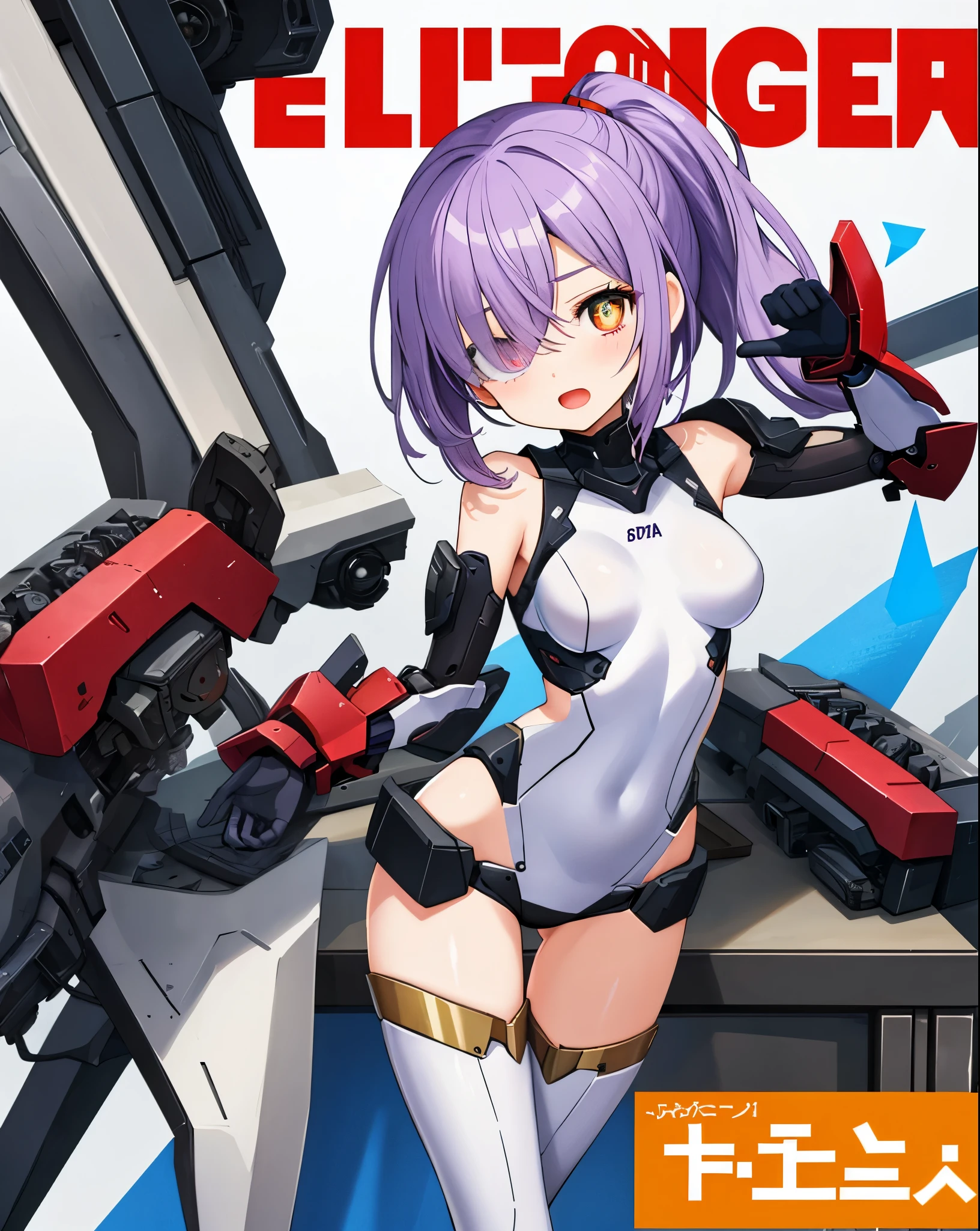 Japanese_anime_style,1figure_girl,(loli:1.5), (short_ponytail:1.3), (light_whitish_purple_hair:1.3),black_mechanical_armor_parts,white_breasts_parts_red_black_body_suit,bare_shoulder,bare_slender_thighs,medium_breasts,on_the_desk, desk_background,Stinging_eyes,(half_pupil:1.5),sleepy,thighhigh_greaves,gauntlets,dynamic_posing,bare_frank,metal_red_parts_armor,red_eye,
fists,hold_weapon,glare,navel,large_mechanical_parts,happy,waist_armor,open_mouth,rise_legs,apart_legs, (covered_navel:1.3),(very_long_bangs:1.3), (hair_over_one_eye:1.5),(long_bang_covers_right_half_of_face:1.5),
(covered_pussy:1.1),covered_breasts,armpits,