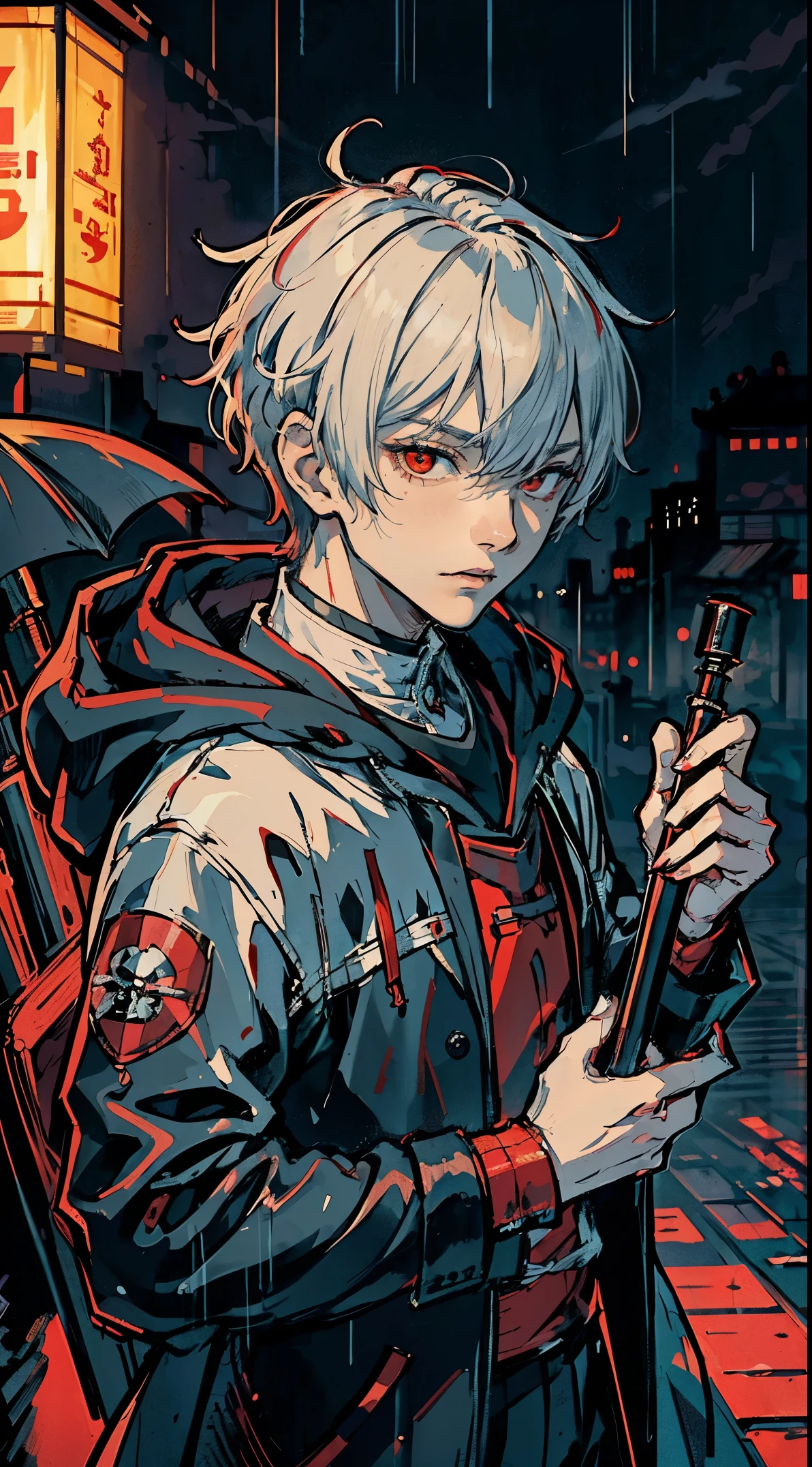kk, best quality, more details, masterpiece, 1 boy, kaneki ken, portrait, male focus, red eyes, solo, bangs, look at viewer, hood, short hair, rain, tokyo tokyo \(city\), hood, nail polish, white hair, luxurious, 8k, detailed, ray tracing, depth of field, cinematic lighting,