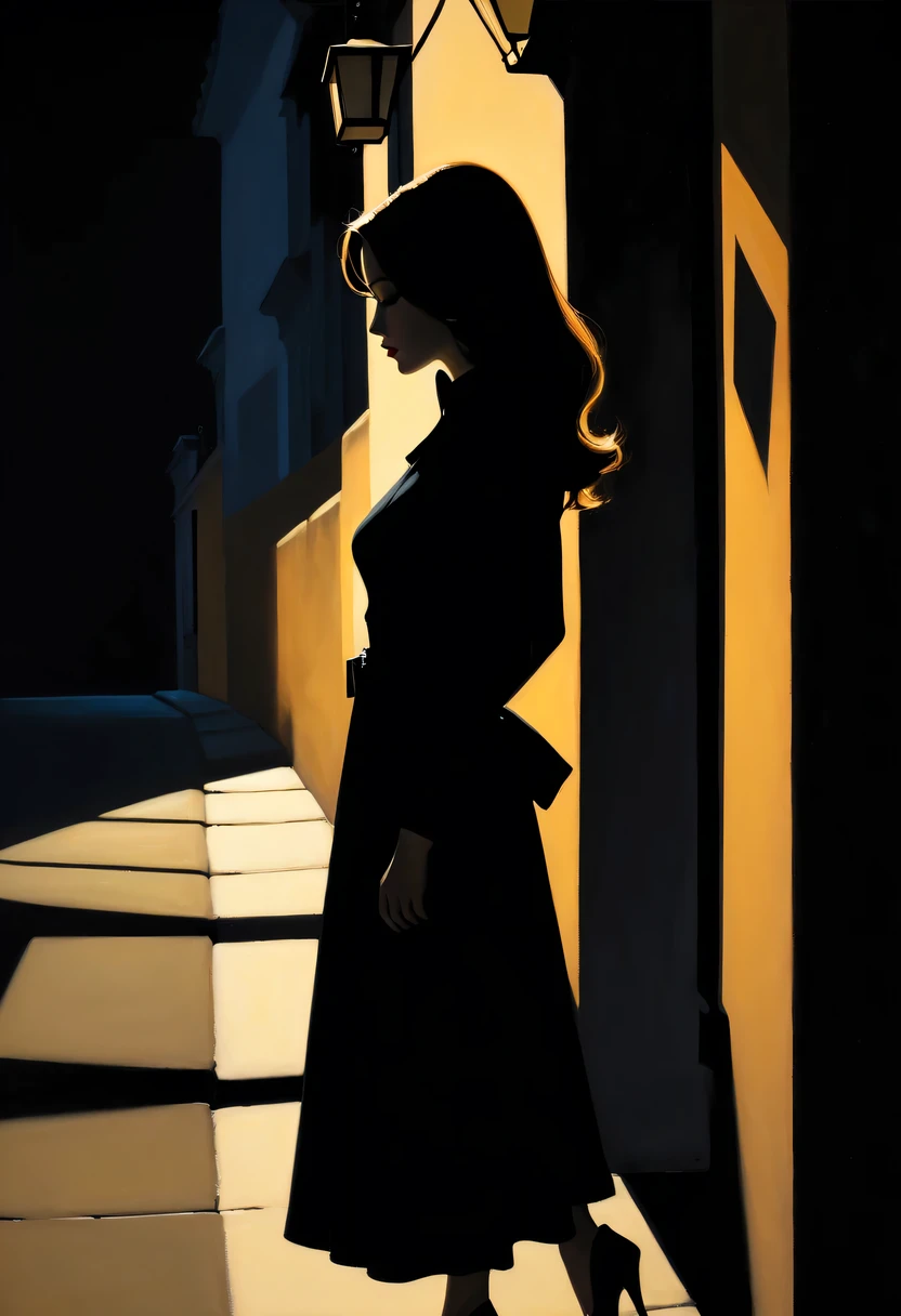 Side silhouette under streetlight, Beautiful woman shadow,high contrast,  movie lighting, Enigmatic Atmosphere, theatrical shadow,  Artistic medium: painting [The color is black, theatrical, high contrast], best quality, Super detailed, Realistic style, Monochromatic color palette, Moody light, Chiaroscuro effect, Intricate shadows, superb brushwork