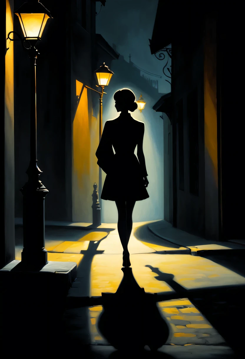 Side silhouette under streetlight, Beautiful woman shadow,high contrast,  movie lighting, Enigmatic Atmosphere, theatrical shadow,  Artistic medium: painting [The color is black, theatrical, high contrast], best quality, Super detailed, Realistic style, Monochromatic color palette, Moody light, Chiaroscuro effect, Intricate shadows, superb brushwork