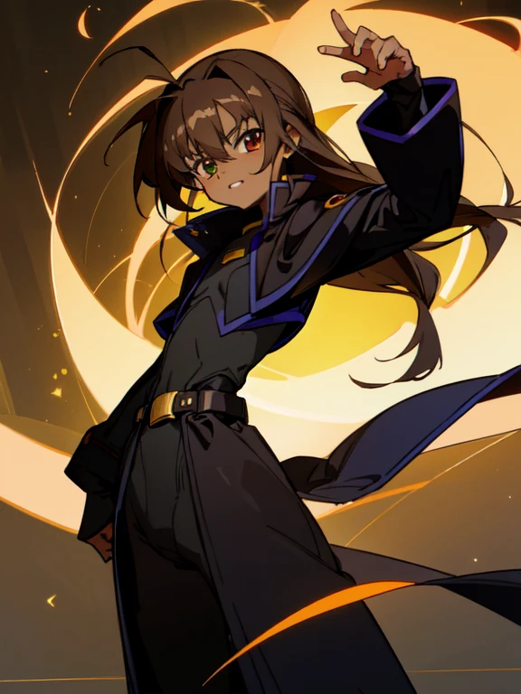 Masterpiece, Top quality, high resolution, highres, 8k, best quality, , 1 male, shotate, innocent, ((dark skin)), otokonoko, red eye's, dark brown hair long hair in a side-swept style smooth, wearing an a black bodysuit, black gaunlets, black coat, magical girl lyrical nanoha vivio, mystic arts, cute artstyle