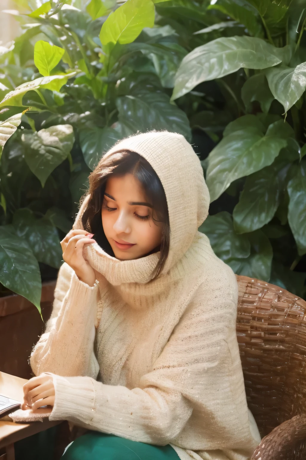 create Simi Khanna, a 19-year-old girl living in the vibrant city of Mumbai. Dressed in snug winter clothes, Simi diligently cares for the office plants, adding a touch of warmth to the chilly atmosphere. Delve into Simi's thoughts and actions as she nurtures the greenery, contemplating the contrast between the cool outdoors and the cosy, inviting workspace she contributes to. Highlight the importance of Simi's winter plant care routine in creating a comfortable and pleasant environment within the bustling city of Mumbai.
