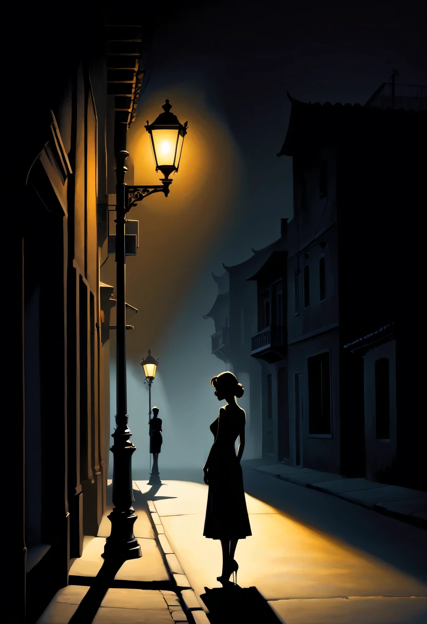 Side silhouette under streetlight, Beautiful woman shadow,high contrast,  movie lighting, Enigmatic Atmosphere, theatrical shadow,  Artistic medium: painting [The color is black, theatrical, high contrast], best quality, Super detailed, Realistic style, Monochromatic color palette, Moody light, Chiaroscuro effect, Intricate shadows, superb brushwork