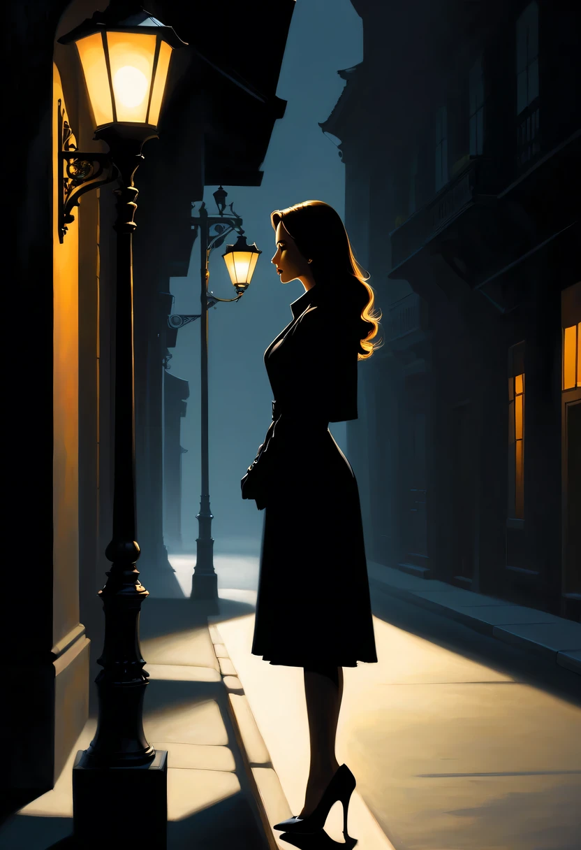 Side profile under streetlight, Beautiful woman shadow,high contrast,  movie lighting, Enigmatic Atmosphere, theatrical shadow,  Artistic medium: painting [The color is black, theatrical, high contrast], best quality, Super detailed, Realistic style, Monochromatic color palette, Moody light, Chiaroscuro effect, Intricate shadows, superb brushwork