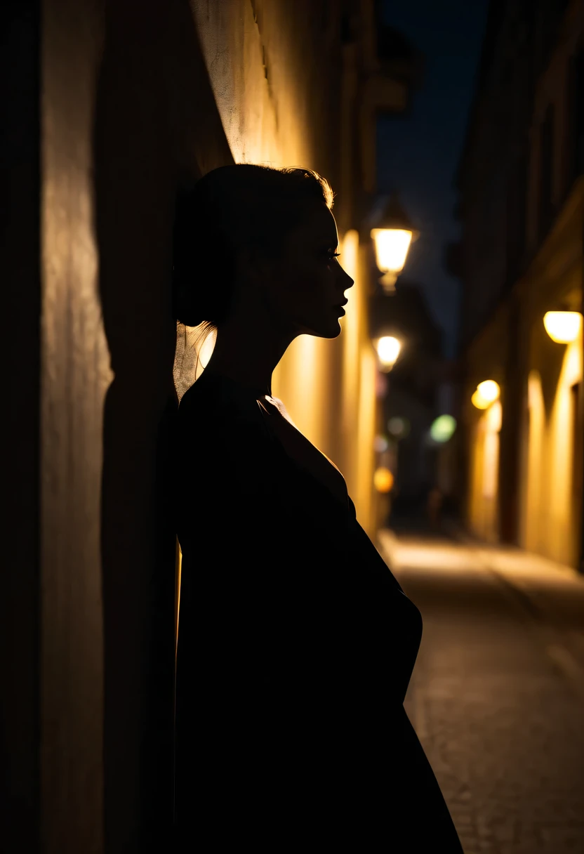 Side face silhouette,Under street lighteautiful woman shadow,