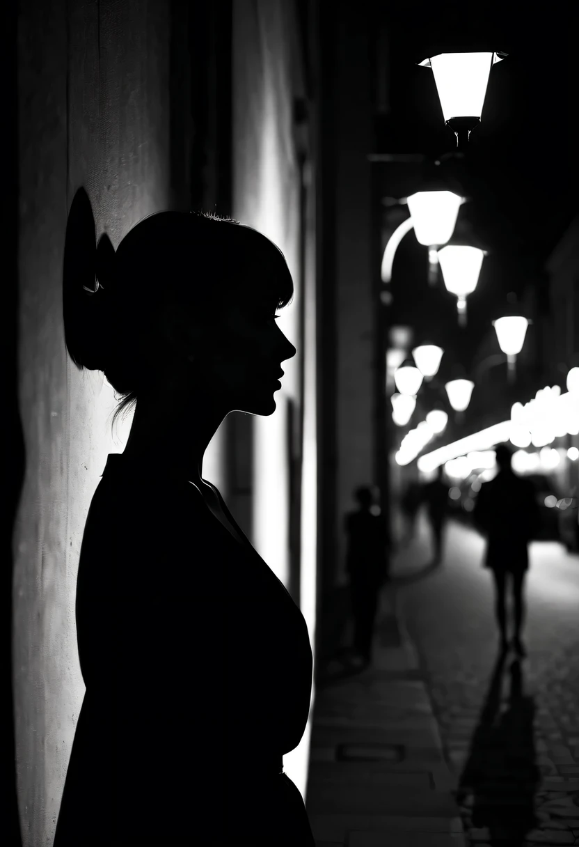 Side face silhouette,Under street lighteautiful woman shadow,