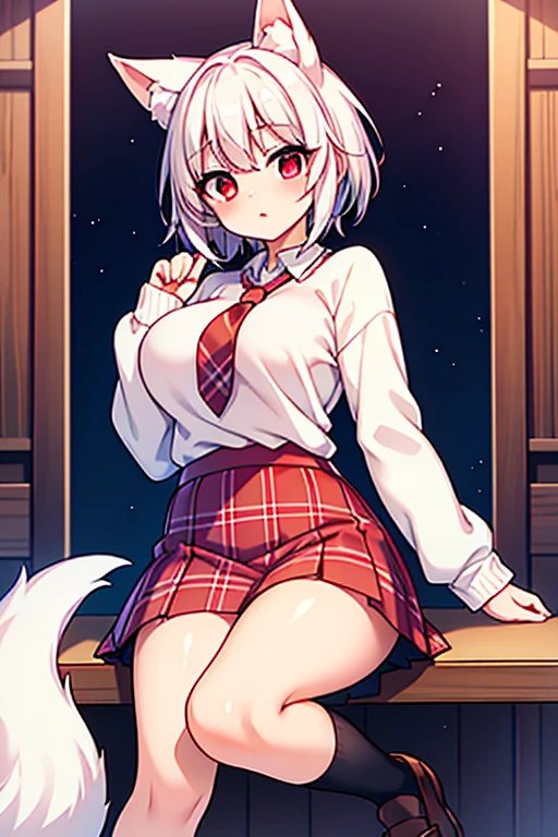 (masterpiece), best quality, my foxy girlfriend - fuku, medium breasts, white fox ears, one white fox tail, round face, white hair, white skin, cute girl, innocent , medium size, teenager, light pink sweater, long white thighs high ,red tie hidden by sweater, red pink eyes, short back hair, 2 long strands falling on breasts, very short red plaid skirt under the sweater, thick thigh, black japanese school shoes