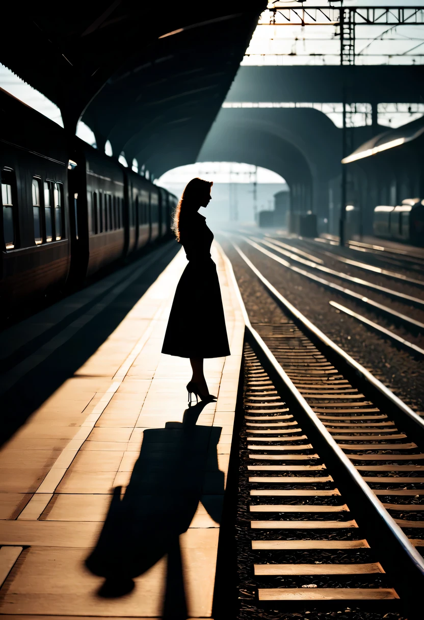 train station silhouette,beautiful woman shadow,best quality,high contrast, photography,dramatic lighting,film aesthetics,abstract lines and shapes,The train tracks extend into the distance,Enigmatic Atmosphere
