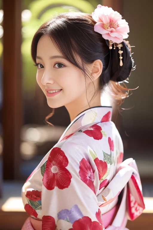The season is winter、bright roomの中で晴れ着を着て新年の挨拶をする、She wears a cute and luxurious-looking hairpin on her head..、Beautiful wearing glittering Japanese clothes、hair is brown、A polite kimono model with her hair tied up when wearing a kimono.、Her face is beautiful, like a model.、Kimono woman photoshoot、bright room、with idol、With a cute smile like a model、The back view is also reminiscent of New Year&#39;s.&#39;s.、double eyelid、put on mascara、pale light colored eyeshadow、sit properly on the cushion、The color of the kimono is mainly red、positive、Her face has a cute smile、best quality、masterpiece、High resolution、Kimono is expensive, expensive and very beautiful.、She&#39;s so cute with natural light makeup、