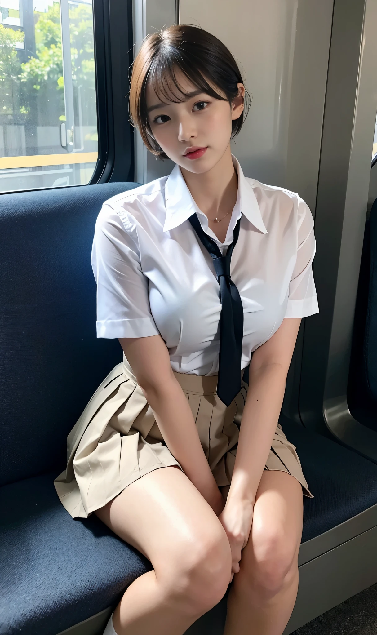 (One Girl:1.3), short hair, Japanese university students、Great face and eyes, Looking into the camera、 (Highest quality:1.4), Very detailed CG 統合 8k 壁紙, Very detailed, High-resolution RAW color photos, Professional photography, Realistic full body shot, Studio shot、Portrait of sexy girl, Black suit、Black Mini Skirt、((White shirt))、(((job hunting))),on the train,Shyness,((Nipples are visible)),((Small breasts))