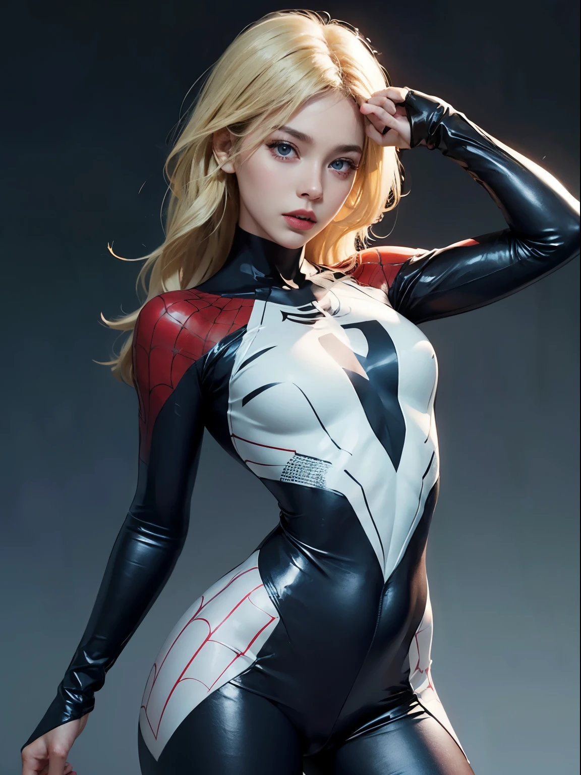 Spider Gwen, sexy, blonde hair, blue eyes, tight clothes, 