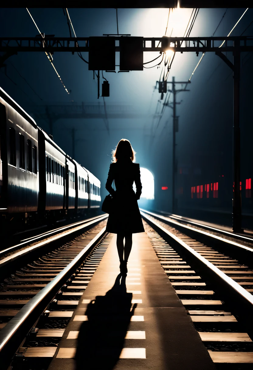 train station silhouette,beautiful woman shadow,best quality,high contrast, photography,dramatic lighting,film aesthetics,abstract lines and shapes,The train tracks extend into the distance,Enigmatic Atmosphere