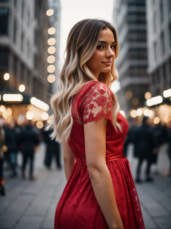 A vibrant urban setting, the 29-year-old European woman in a rose dress standing amidst a bustling city square. The balayage in her long blonde hair catches the city lights, and her hourglass figure stands out in the crowd. Focus on capturing the realism of the scene, with details like reflections in glass buildings and passersby reacting to her captivating presence. Employ a cinematic style with depth of field, using a mirrorless camera with a 35mm f/1.4 lens
