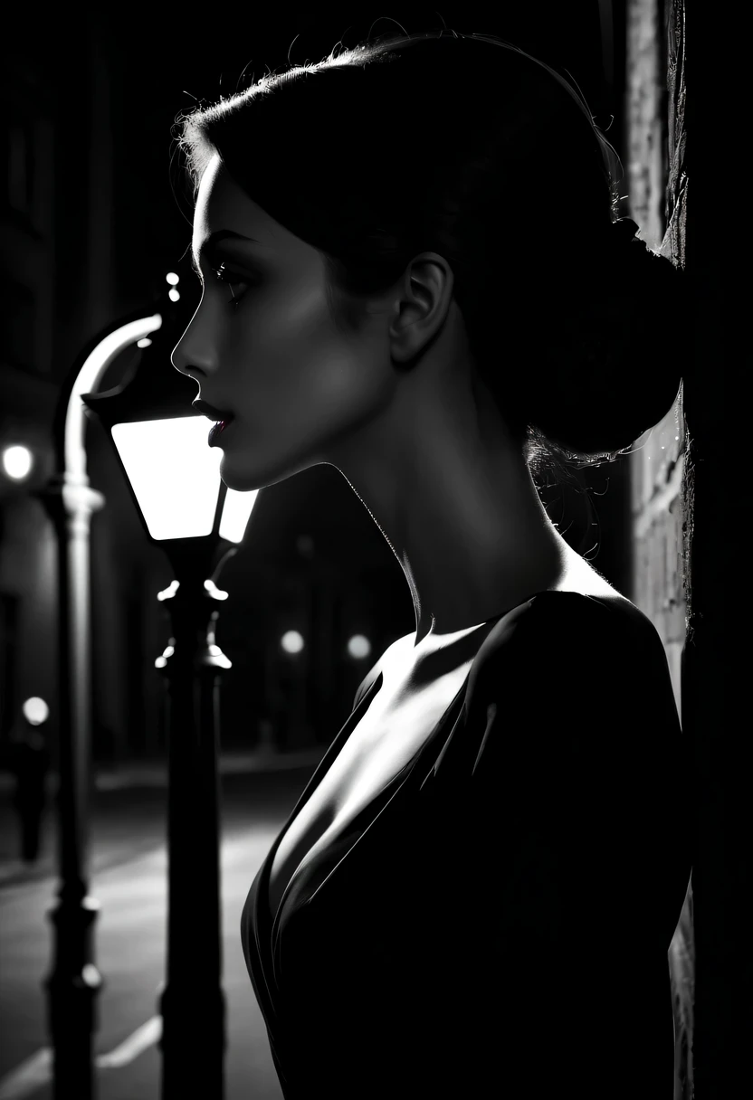 Side profile under streetlight, high contrast, dark background, cinematic lighting, Enigmatic Atmosphere, detailedfacialfeatures, Elongated neck, dramatic shadow, Black and white, Black hair flowing, elegant posture, thoughtful expression, Strong gaze, thin lines and curves, Mysterious eyes, roman nose, plump lips, Strong chin, Soft skin texture, exquisite detailing, Artistic medium: painting [black, dramatic, cinematic, high contrast], best quality, Super detailed, Realistic style, Monochromatic color palette, moody lighting, Chiaroscuro effect, Intricate shadows, superb brushwork
